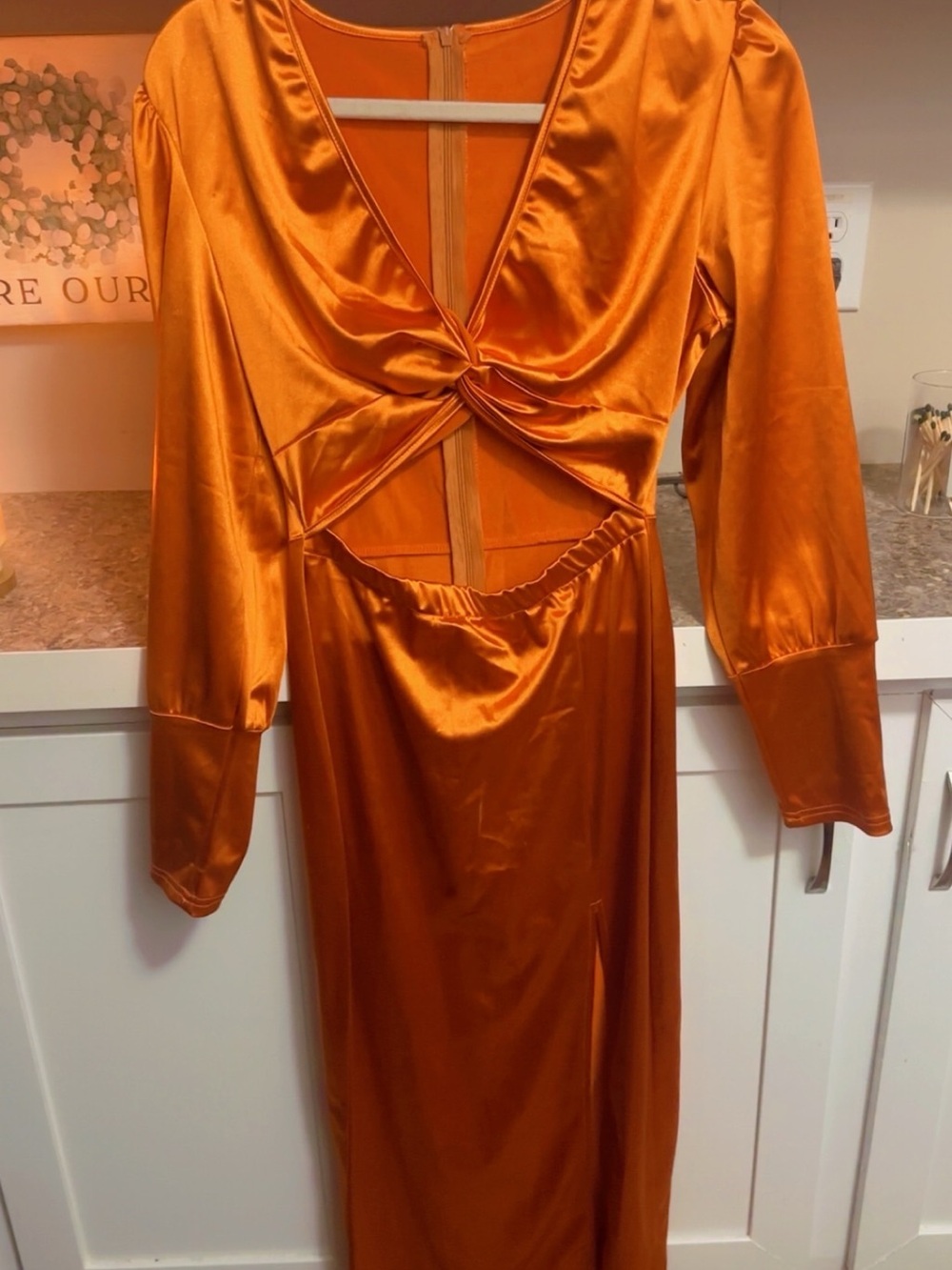 Satin Orange Twist Front Cutout Maxi Dress